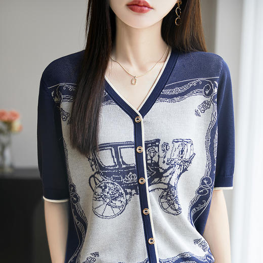 奥伊米夏季新款女100%莱赛尔复古V领重工提花针织T恤NSY275 商品图1