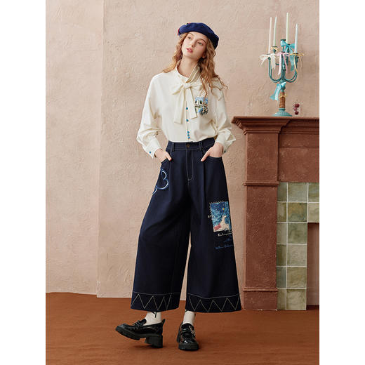 两三事 芳菲绽迹 2025秋季新款复古印花毛巾绣阔腿休闲裤女宽松 商品图1