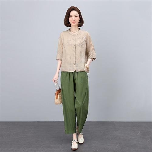 高端面料，刺绣纯苎麻妈妈两套装NJL2609 商品图0