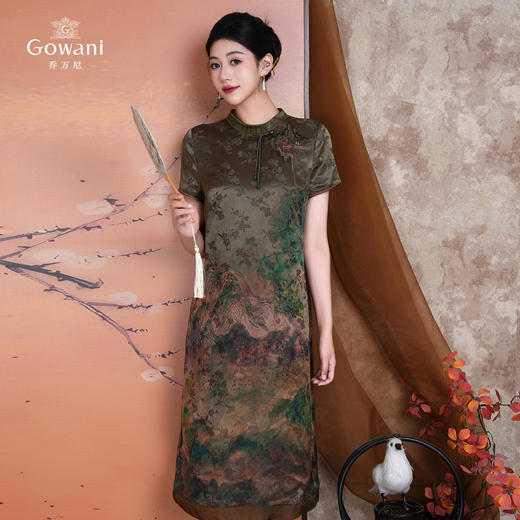 乔万尼新中式浮世绘山河图宽松立领盘扣真丝连衣裙ED2E545 商品图1