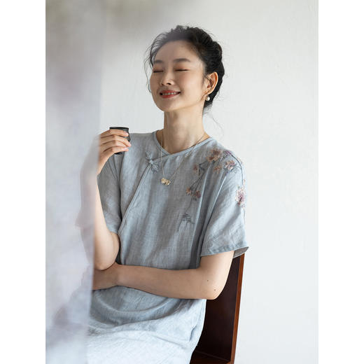牧衣游原创 手工刺绣汉麻炒色连衣裙轻薄宽松质朴文艺长裙 醉江月 商品图1