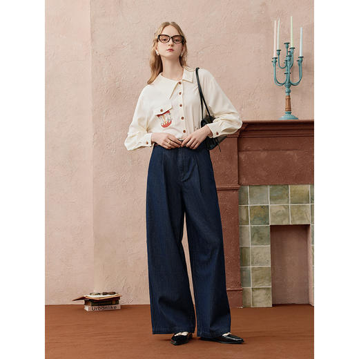 两三事 放牧星尘 2025秋季新款时尚可拆印花丝巾阔腿牛仔裤女 商品图1