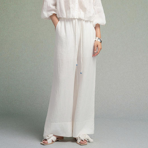 【林栖设计小店】【植物染】亚麻阔腿裤手工钉珠2025秋季新款百搭裤子女F1953225 商品图0