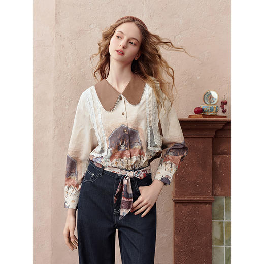 两三事童话酒会2025秋季新款复古拼色翻领花边印花长袖衬衫女宽松 商品图2