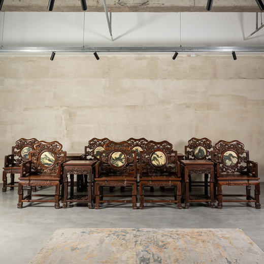 二十世纪	红木镶云石透雕龙纹扶手椅成套（八椅四几） 商品图3