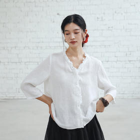绽放437朵/【黑白灰系列·浪花衬衣】新款亚麻九分袖女荷叶边衬衫