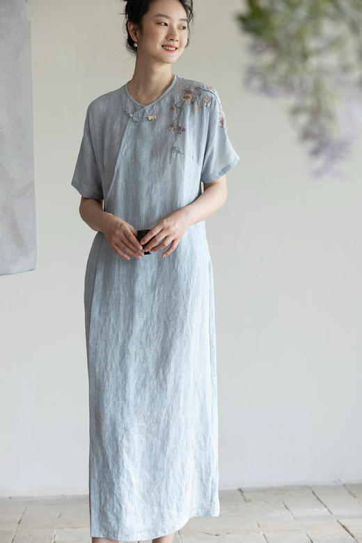 牧衣游原创 手工刺绣汉麻炒色连衣裙轻薄宽松质朴文艺长裙 醉江月 商品图5