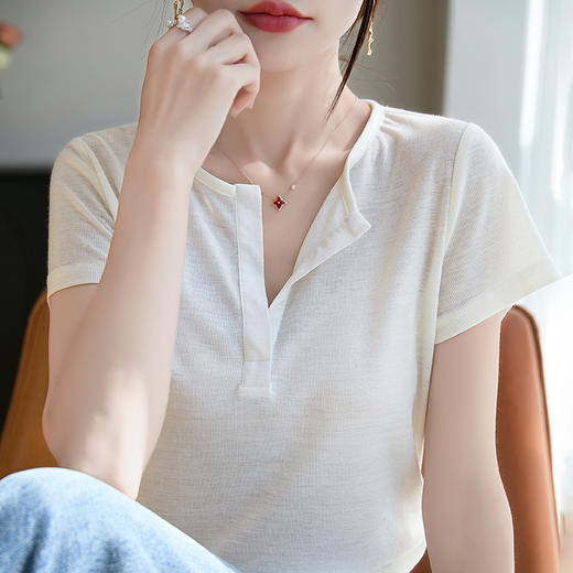 奥伊米夏季新款女100%天丝纯色圆领开口收腰修身显瘦纯色T恤YTMA86 商品图5