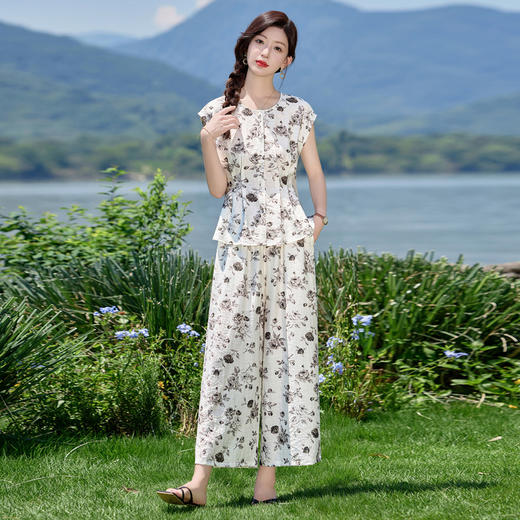 【预售3天】时尚气质印花收褶修身两件套LDB2865 商品图2