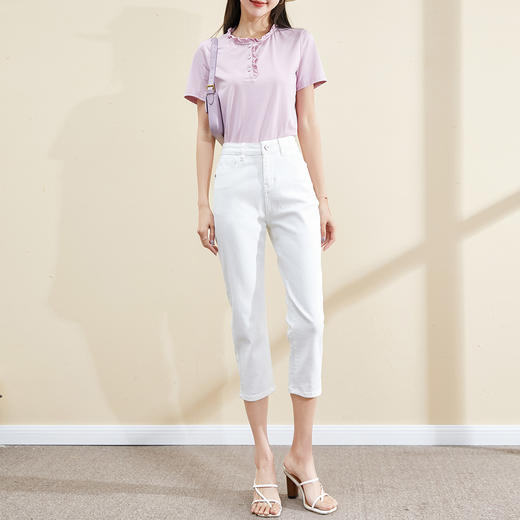 【专属特价】熙世界忝然植物棉七分牛仔裤女夏季小个子修身显瘦弹力休闲直筒裤 商品图4