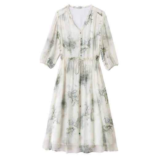 ASE真丝短袖连衣裙女夏季2025新款轻奢桑蚕丝v领法式水墨印花气质裙 商品图4