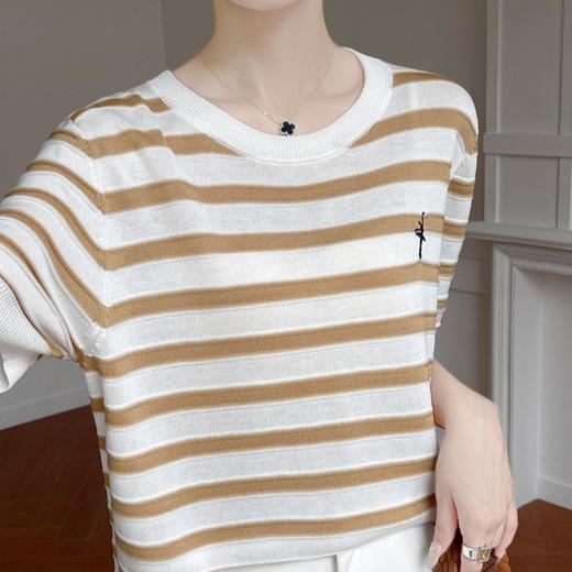奥伊米夏季女士100%天丝芭蕾舞者刺绣复古条纹圆领T恤XZA96 商品图4