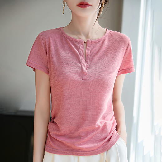 奥伊米夏季新款女100%天丝纯色圆领开口收腰修身显瘦纯色T恤YTMA86 商品图3