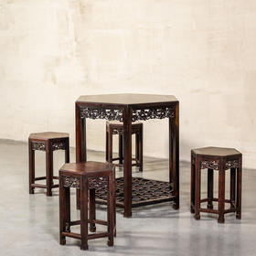 二十世纪	红木透雕灵芝纹六角桌成套（一桌四凳）