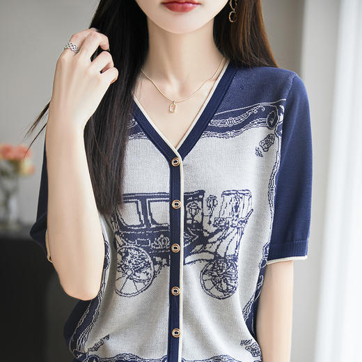 奥伊米夏季新款女100%莱赛尔复古V领重工提花针织T恤NSY275 商品图2