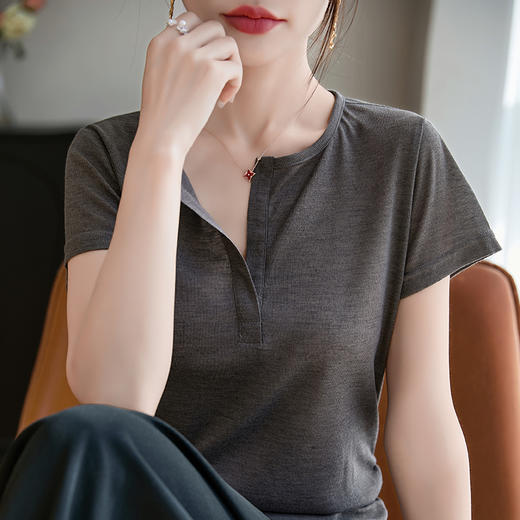 奥伊米夏季新款女100%天丝纯色圆领开口收腰修身显瘦纯色T恤YTMA86 商品图1