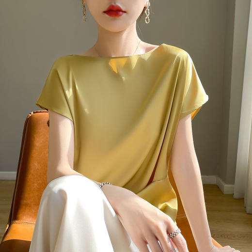 奥伊米夏季新款女士洋气仿真丝顺滑缎面气质收腰显瘦T恤YTMA35 商品图0