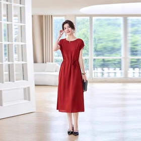 ASE2025夏季新款圆领设计光泽感桑蚕丝连衣裙时尚中长款高端轻奢裙子