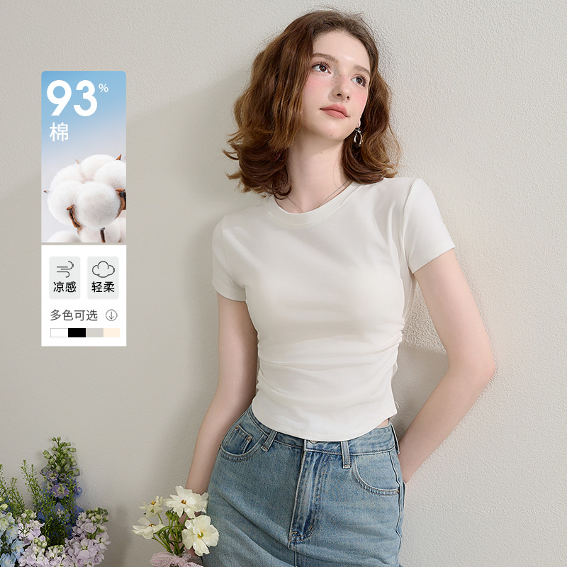 西遇圆领短袖t恤女新款休闲纯色修身内搭正肩短款上衣SS150224