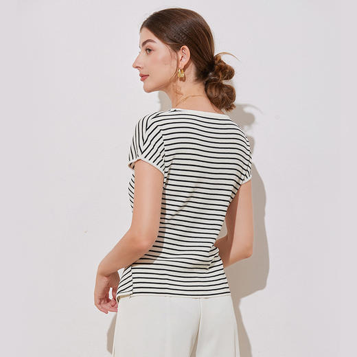 「自」全新升级【铂金会员109/天猫149/差价40】(91430)洛诗琳夏季新款设计感交叉收腰气质通勤条纹T恤上衣女 商品图3