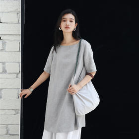 绽放442朵/【黑白灰系列·百变小袍子】色织亚麻叠穿短款连衣裙女