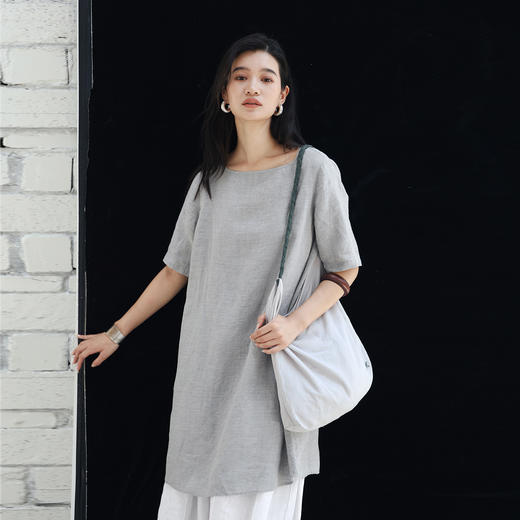 绽放442朵/【黑白灰系列·百变小袍子】色织亚麻叠穿短款连衣裙女 商品图0