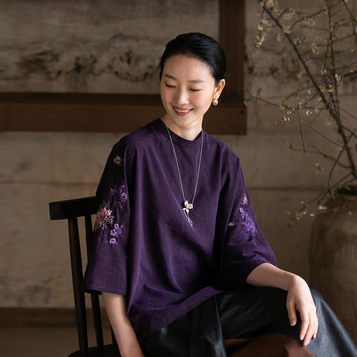 牧衣游原创 刺绣龟裂纹香云纱套头衫复古文艺紫色真丝上衣 长赢 商品图0