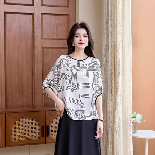 ASE2025夏季新款韩版时尚印花桑蚕丝短袖衬衫设计几何时髦上衣女简约 商品图1