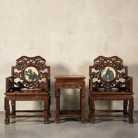 二十世纪	红木镶云石透雕龙纹扶手椅成套（八椅四几）