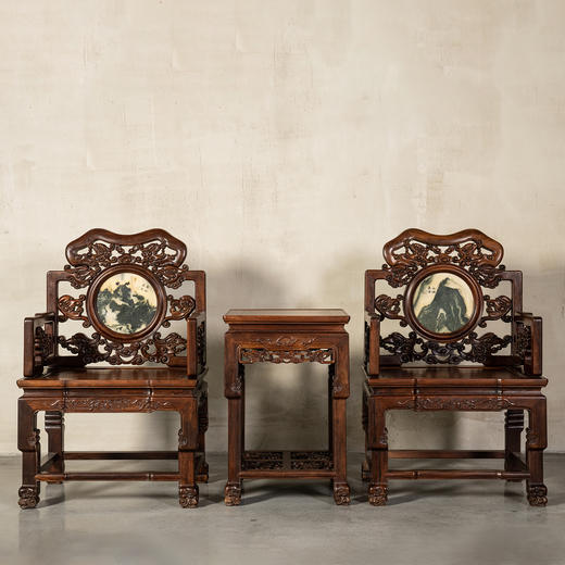 二十世纪	红木镶云石透雕龙纹扶手椅成套（八椅四几） 商品图0