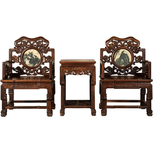 二十世纪	红木镶云石透雕龙纹扶手椅成套（八椅四几） 商品图5