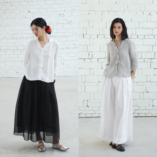 绽放437朵/【黑白灰系列·浪花衬衣】新款亚麻九分袖女荷叶边衬衫 商品图2