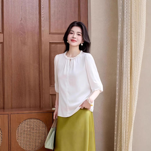 ASE2025夏季新款真丝衬衫女气质显瘦纯色立领套头上衣简约桑蚕丝 商品图2