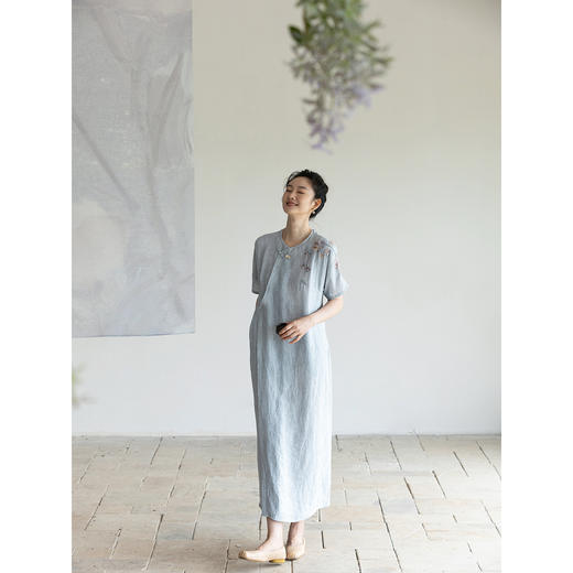 牧衣游原创 手工刺绣汉麻炒色连衣裙轻薄宽松质朴文艺长裙 醉江月 商品图2