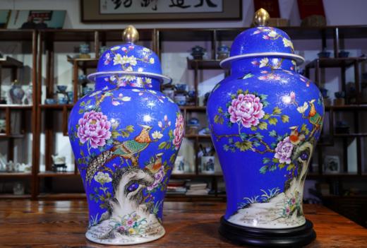 蓝地扒花花鸟将军罐 商品图0