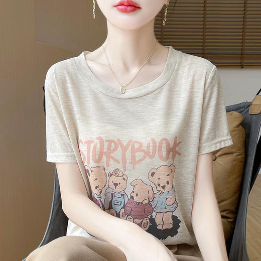 奥伊米夏季新款女100%天丝撞色小熊提花凉感透气圆领T恤ZHZ78 商品图1