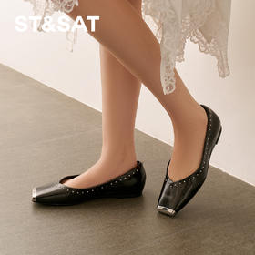 星期六金属方头铆钉百搭平底单鞋SSD1111095