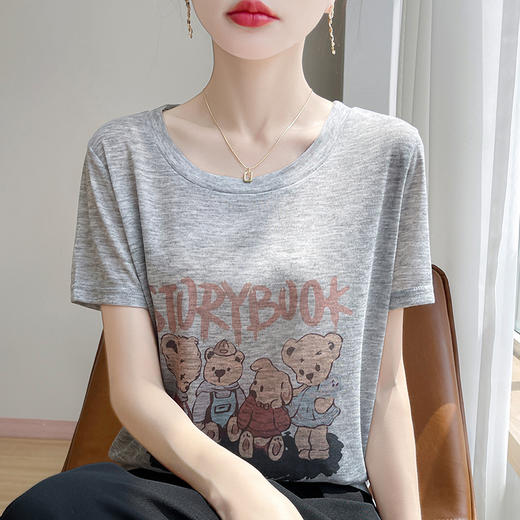 奥伊米夏季新款女100%天丝撞色小熊提花凉感透气圆领T恤ZHZ78 商品图2