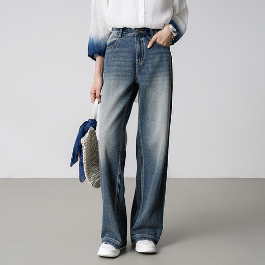 【林栖设计小店】【草木丹宁】醋酸牛仔裤配植物染方巾2025秋季新款阔腿裤G1653007 商品图0