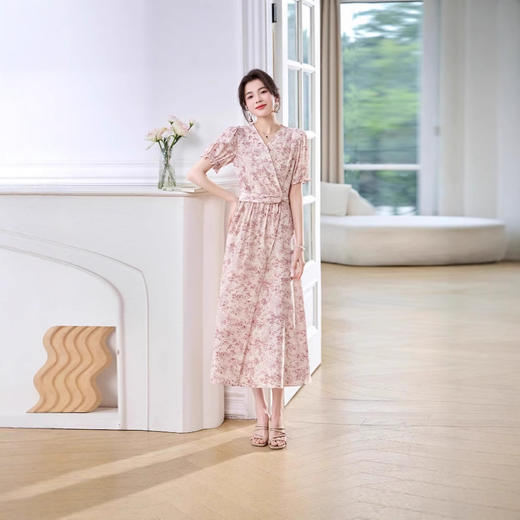 ASE夏季新款V领褶皱收腰印花桑蚕丝连衣裙小清新甜美时尚女士裙 商品图2