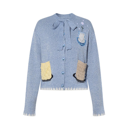 两三事绒兔织诗2025秋季新款复古贴布绣咖啡杯口袋绑带针织开衫女 商品图4