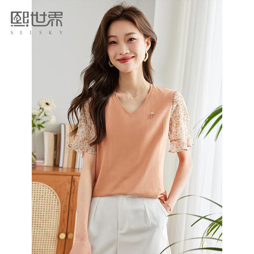 【五折购】熙世界拼接碎花袖子清新V领t恤女荷叶边25夏季新款短袖上衣显白显瘦 商品图0