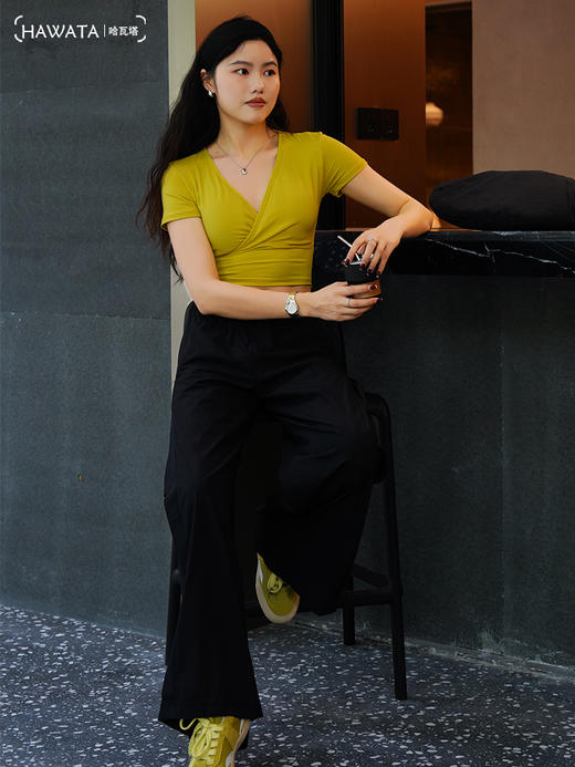 《5送2 10送5》哈瓦塔 瑜伽无尺码夏季裸感高弹运动上衣一码通短袖带胸垫 商品图2