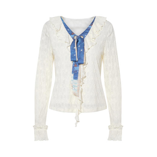 两三事 白宙星漪 2025秋季新款甜美v领可拆印花领带蕾丝长袖t恤女 商品图4