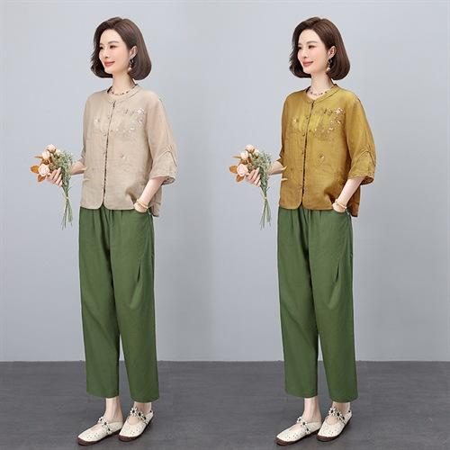 高端面料，刺绣纯苎麻妈妈两套装NJL2609 商品图2