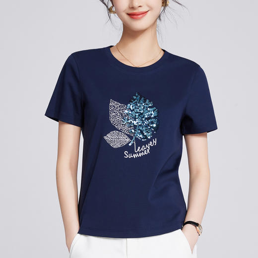 「自j」全新升级【铂金会员109/天猫149/差价40】(00225)洛诗琳新款珠片刺绣T恤2025夏季丝光棉宽松显瘦短袖上衣女 商品图1