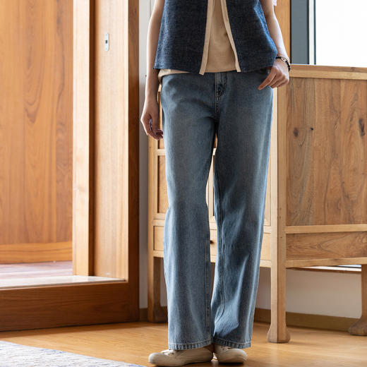 牧衣游原创 纯棉牛仔直筒裤轻薄显瘦复古耐穿宽松百搭休闲裤 碧深 商品图0