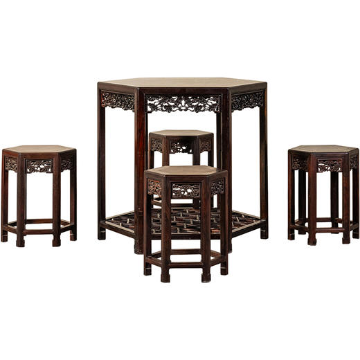 二十世纪	红木透雕灵芝纹六角桌成套（一桌四凳） 商品图5