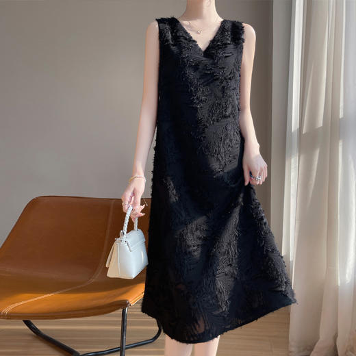 奥伊米夏季新款女约会穿搭气质柔美V领流苏剪花连衣裙长裙YTMA73 商品图5
