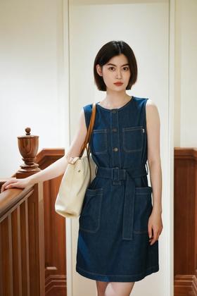 【高品质私服】【IC轻薄棉弹牛仔及膝连衣裙】经典藏青色牛仔 配色隽永 不易过时，优雅又性感N1281-CC【无标出货 介意慎拍】